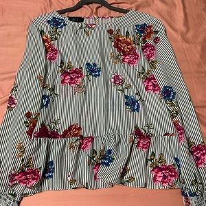 Long sleeve floral/strip print top